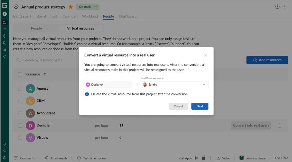 What you can do in GanttPRO on a free trial: convert virtual resources