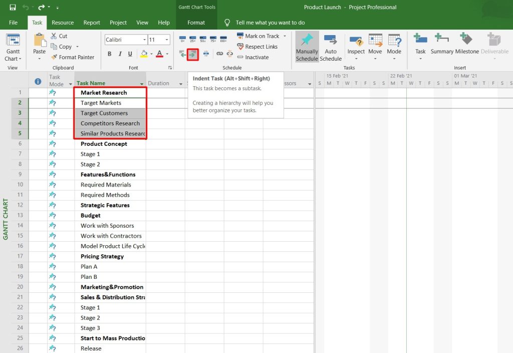Comment faire un diagramme de Gantt avec MS Project : sous-tâches sur un diagramme de Gantt