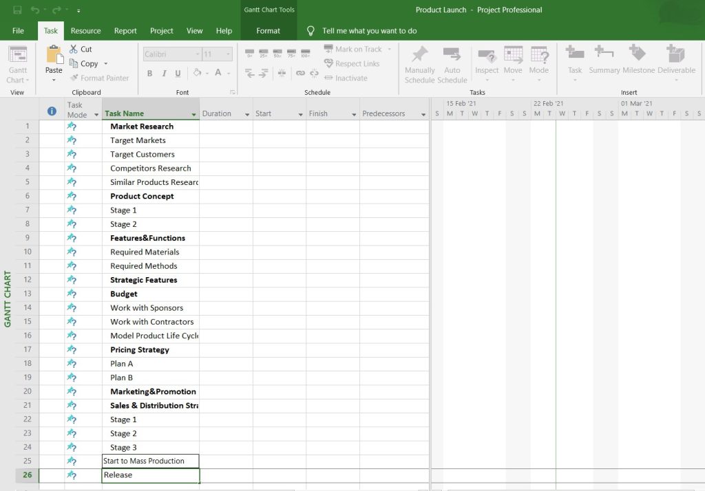 Comment faire un diagramme de Gantt avec MS Project : liste des tâches sur un diagramme de Gantt