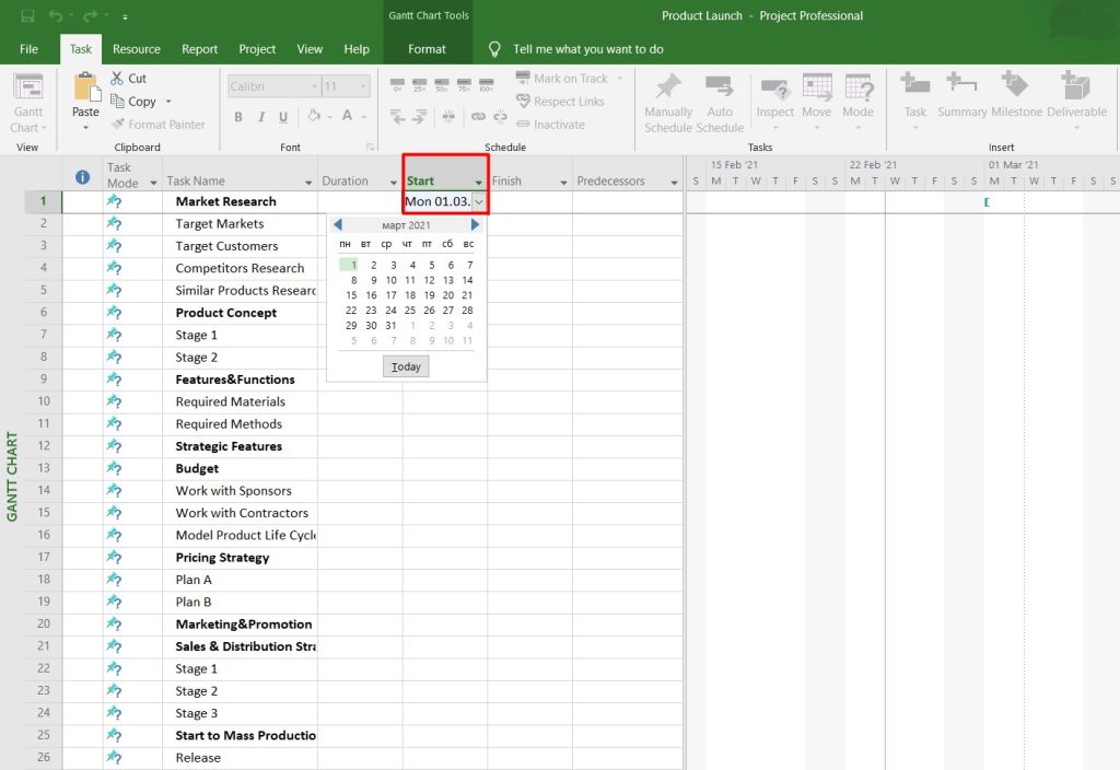 Comment faire un diagramme de Gantt avec MS Project : date de début de la tâche sur un diagramme de Gantt