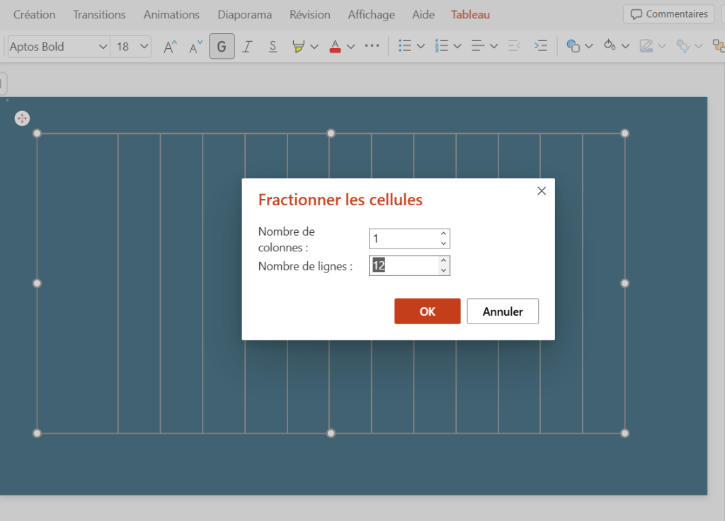 Diagramme de Gantt PowerPoint : fractionner les cellules