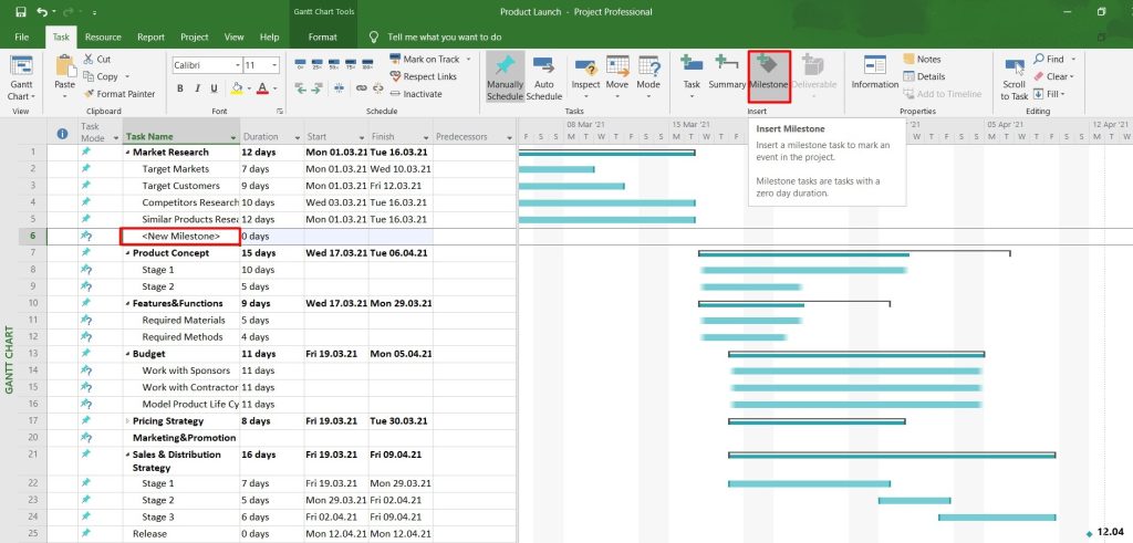 Comment faire un diagramme de Gantt avec MS Project : sous-tâches sur un diagramme de Gantt : ajouter un jalon sur un diagramme de Gantt