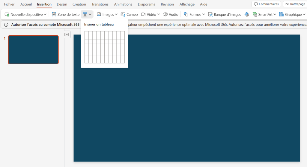 Diagramme de Gantt PowerPoint : insérer un tableau