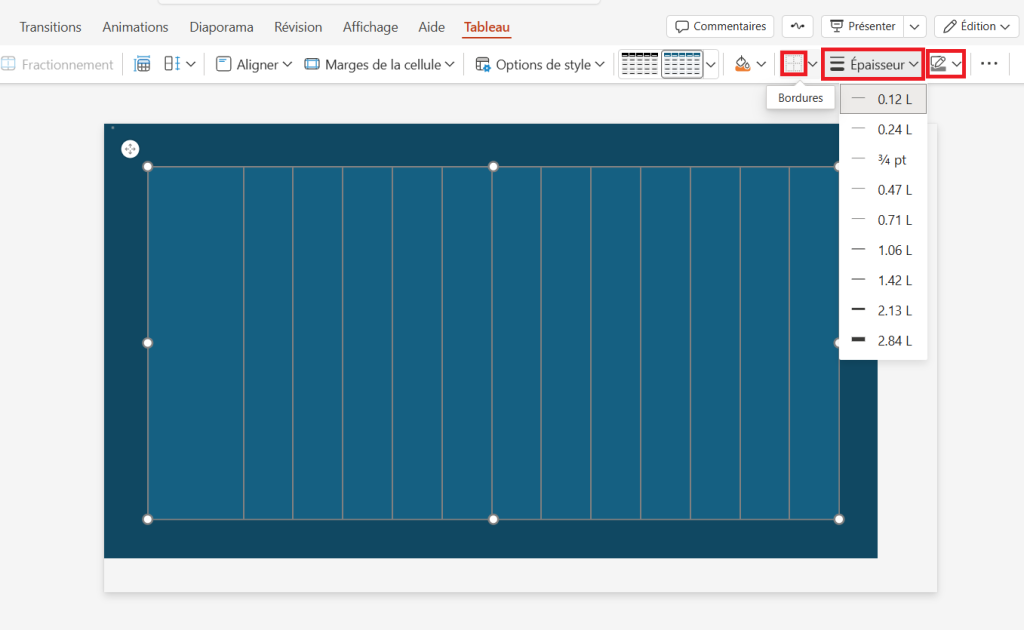 Diagramme de Gantt PowerPoint: bordures du tableau