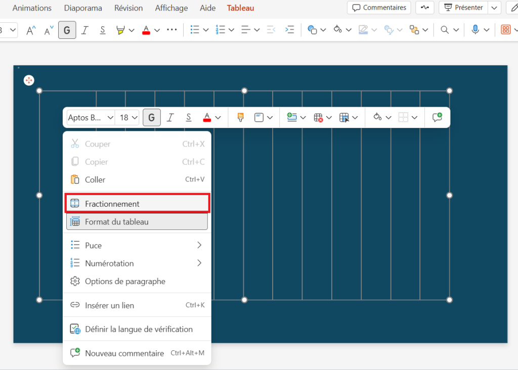Diagramme de Gantt PowerPoint : ouvrir fractionnement