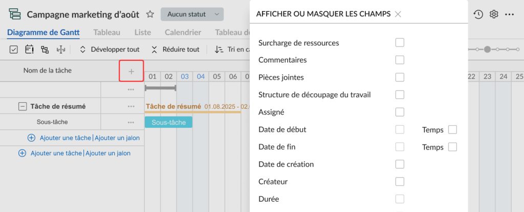 Comment créer un diagramme de Gantt dans GanttPRO : ajout de champs