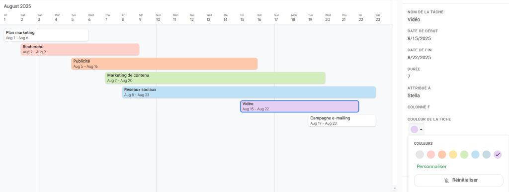 Comment faire un diagramme de Gantt sur Google Sheets en utilisant une chronologie : modification des couleurs des tâches