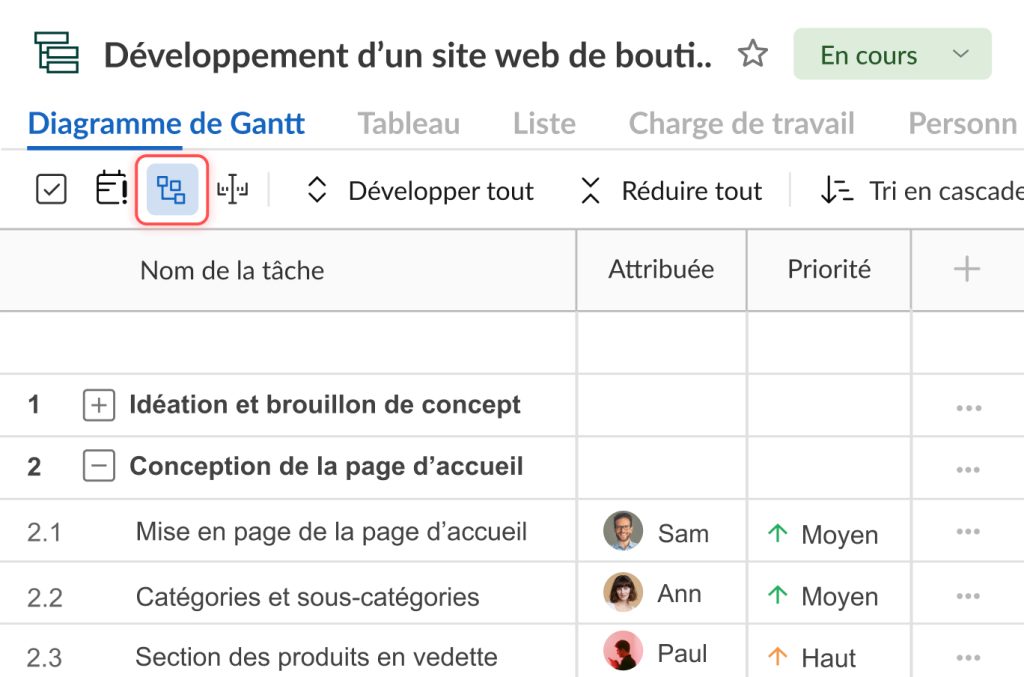 Fonction de chemin critique dans un exemple de GanttPRO