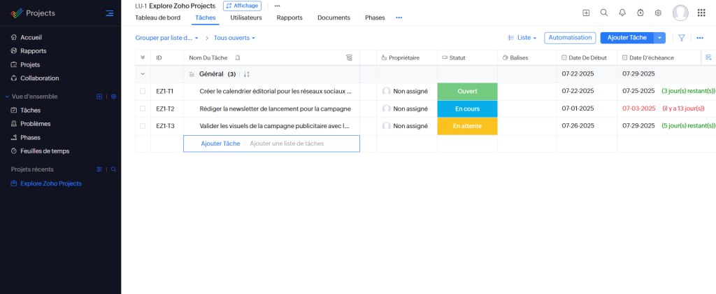 Logiciel de gestion des tâches: zoho projects
