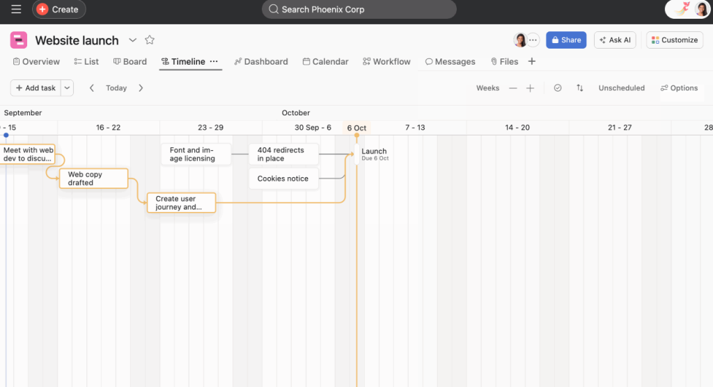 Chemin critique: l’interface d’Asana