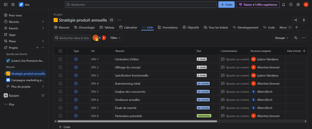 Alternative a Jira : Jira vue liste 