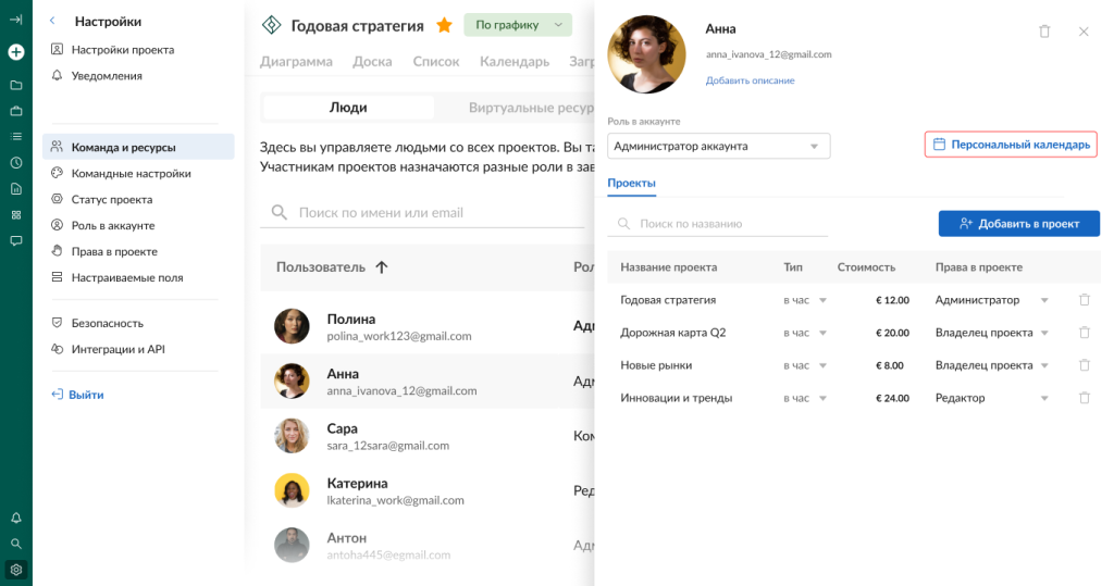 Как использовать GanttPRO для управления ресурсами: управление личным календарем пользователя на уровне аккаунта