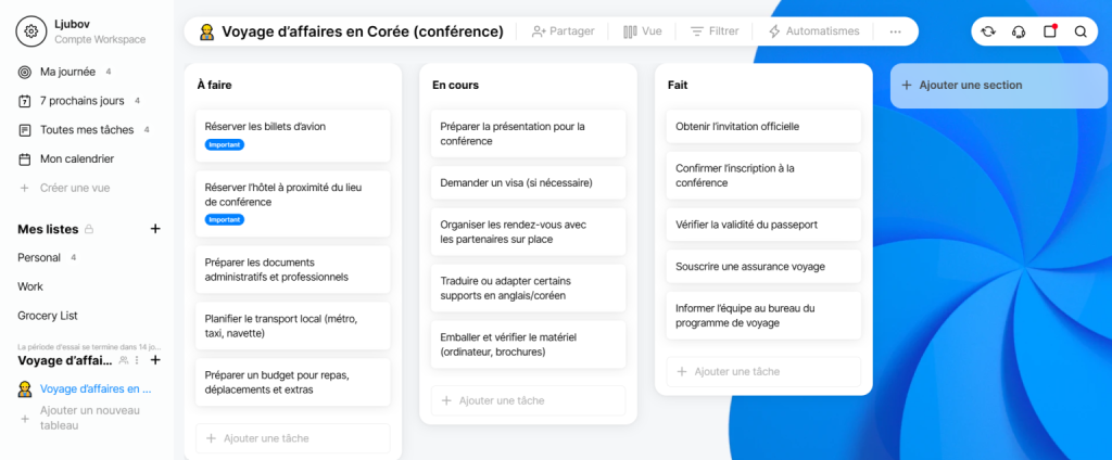 Alternative a excel: interface de Anydo