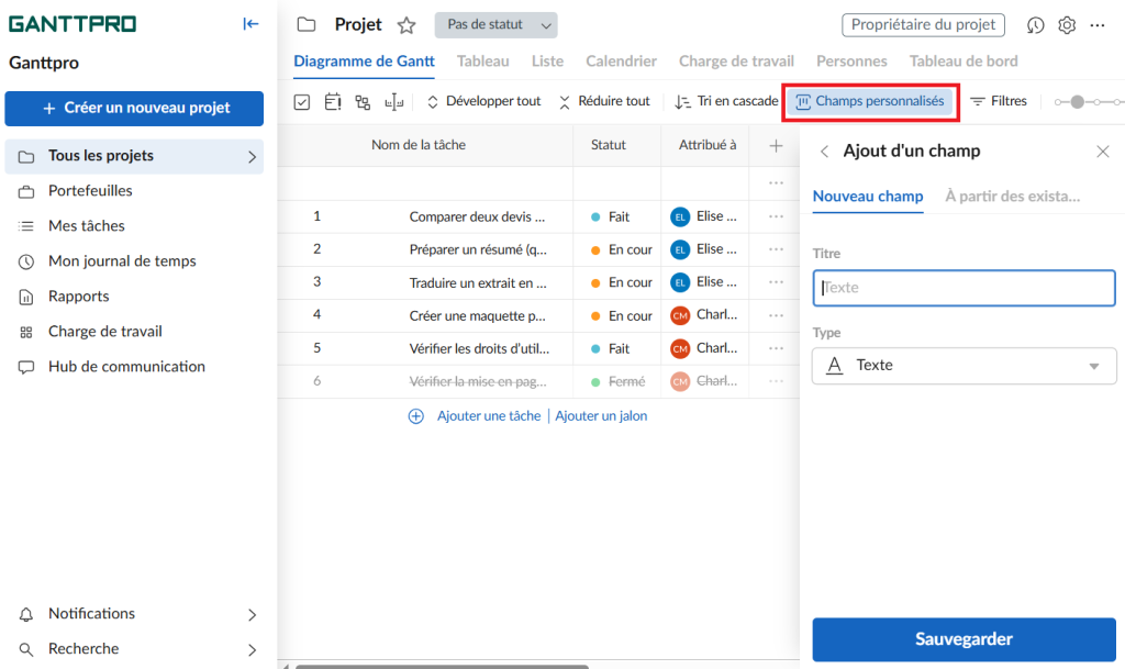 alternative a excel: interface avec les champs personnalises