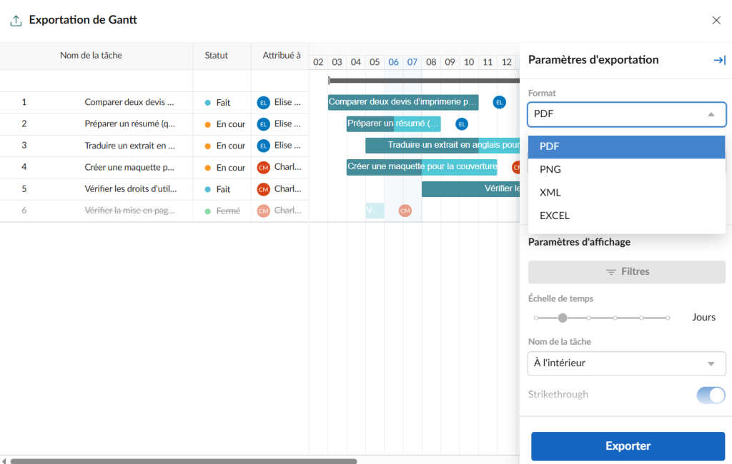 alternative a excel: exportation de projet