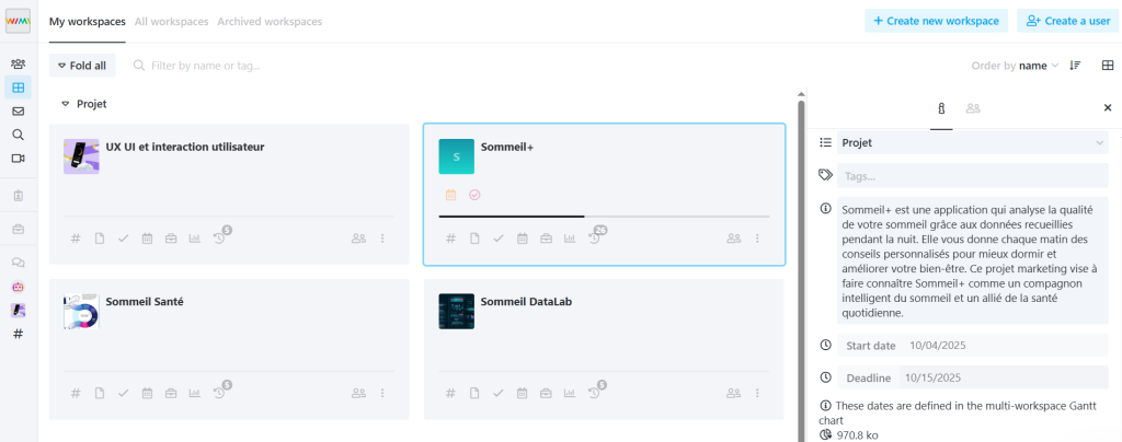 Alternative a Wimi: vue despace de travail Wimi