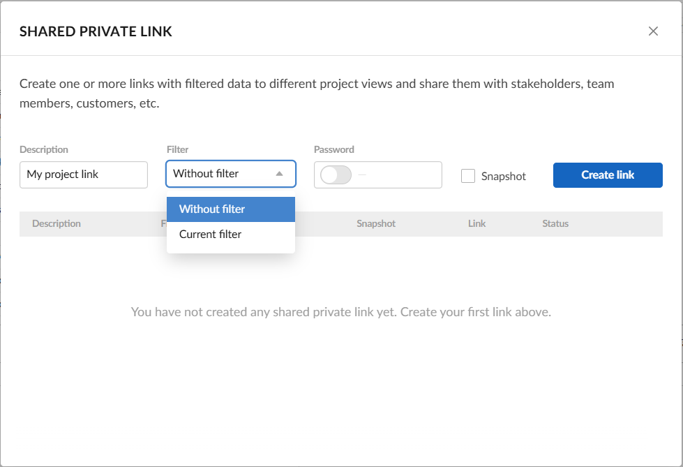 How to collaborate with external stakeholders in GanttPRO: configure the shared link settings