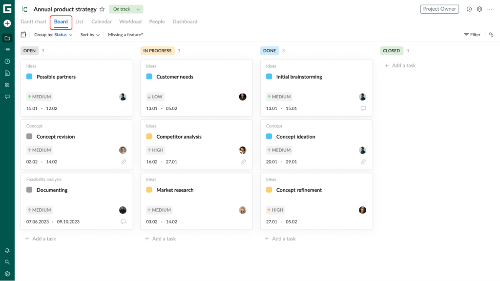 What you can do in GanttPRO on a free trial: manage tasks with a board
