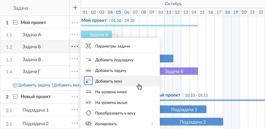Как создать вехи проекта в GanttPRO: добавление вех в параметрах задач