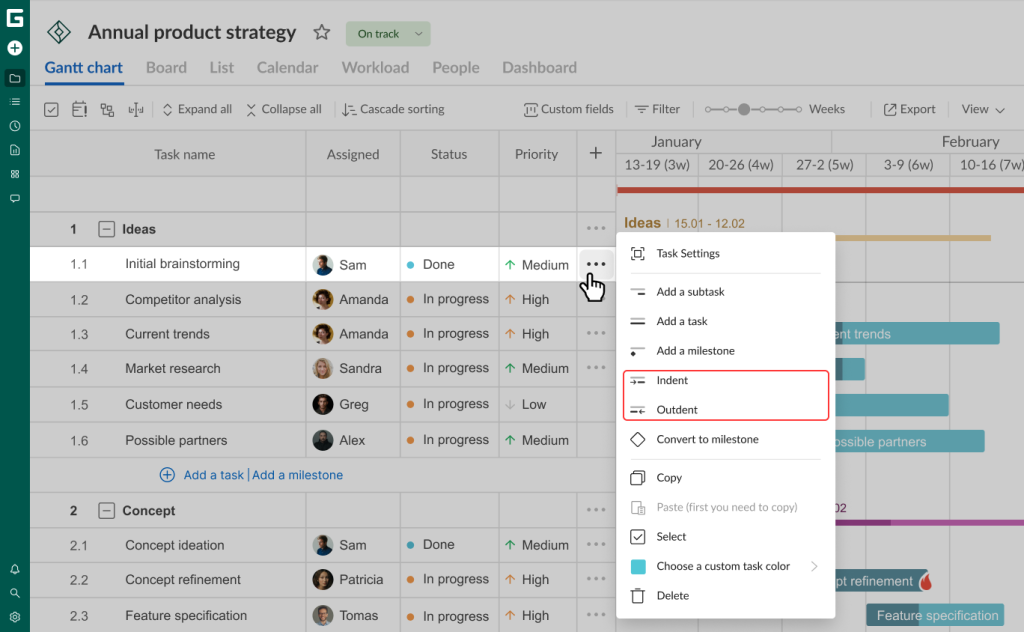 Why teams love the Gantt chart in GanttPRO: the Indent and Outdent options