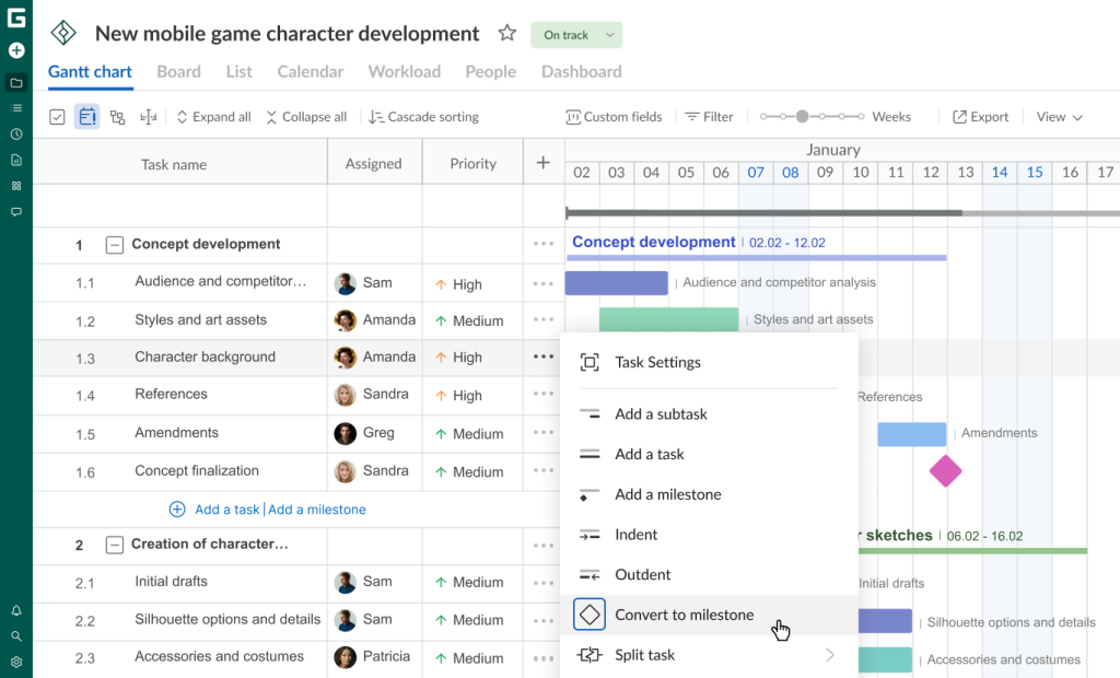 How to use dependencies and milestones in GanttPRO: converting a task to a milestone
