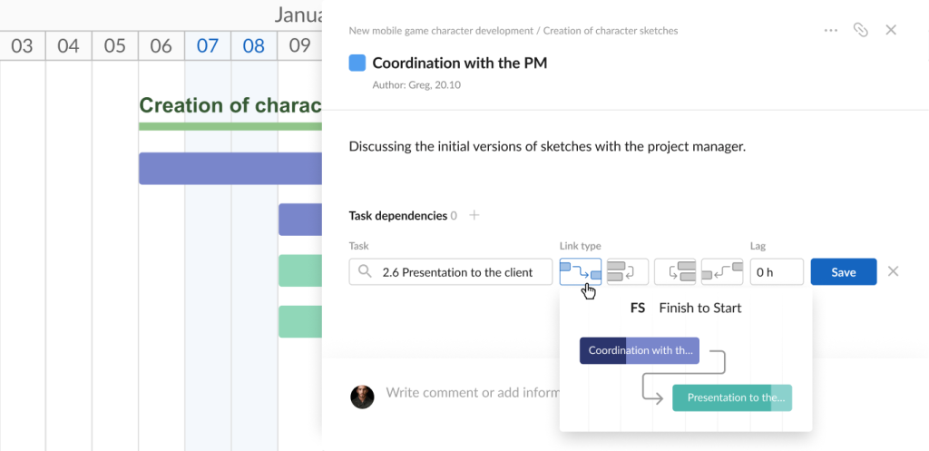 How to use dependencies and milestones in GanttPRO: creating FS dependencies using task settings