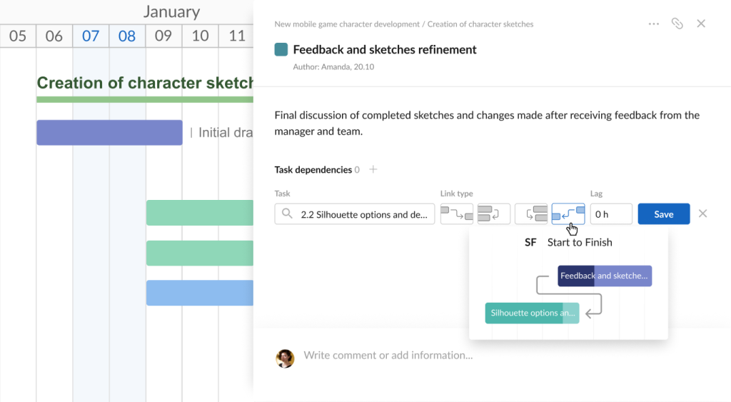How to use dependencies and milestones in GanttPRO: creating SF dependencies using task settings