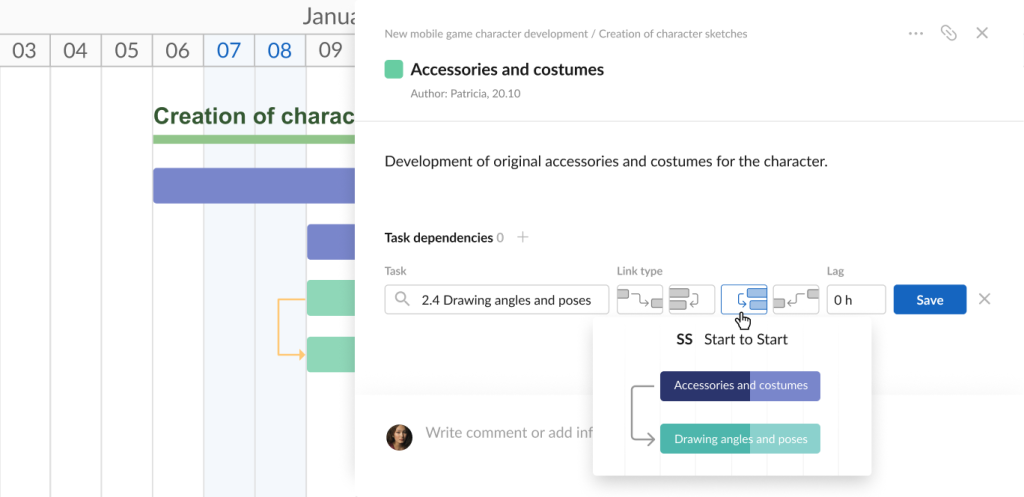 How to use dependencies and milestones in GanttPRO: creating SS dependencies using task settings