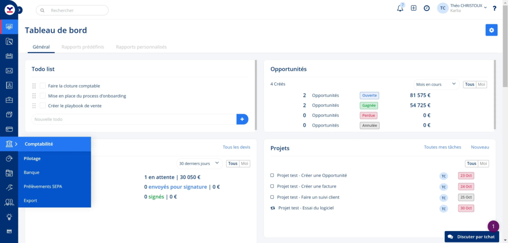 Logiciel gestion projet: interface Karila