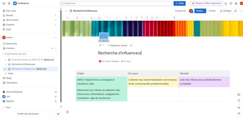 Logiciel gestion projet: interface Confluence