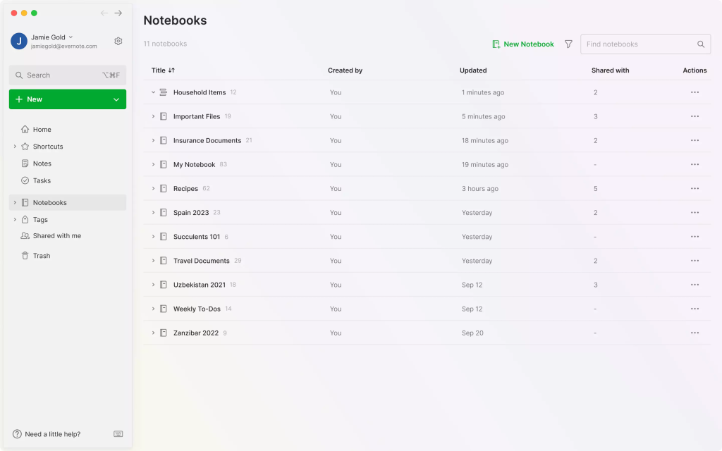 Outils de travail collaboratif: Interface Evernote
