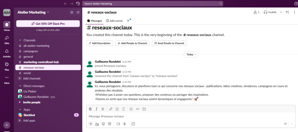 Outils de travail collaboratif: Interface Slack