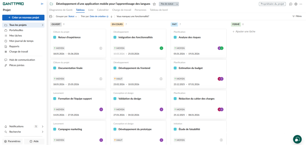 Kanban vs Gantt: vue Kanban dans GanttPRO