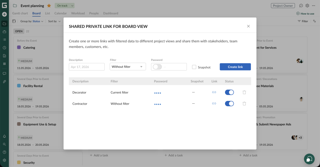 GanttPRO release: shared private link for Board view