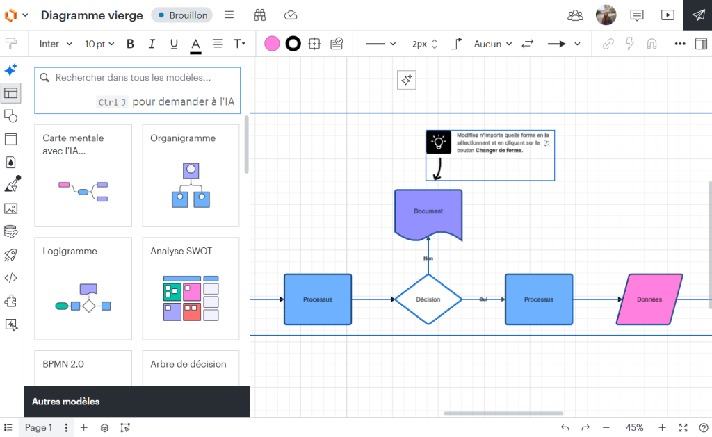 Logiciel de planification strategique: Interface Lucidchart 