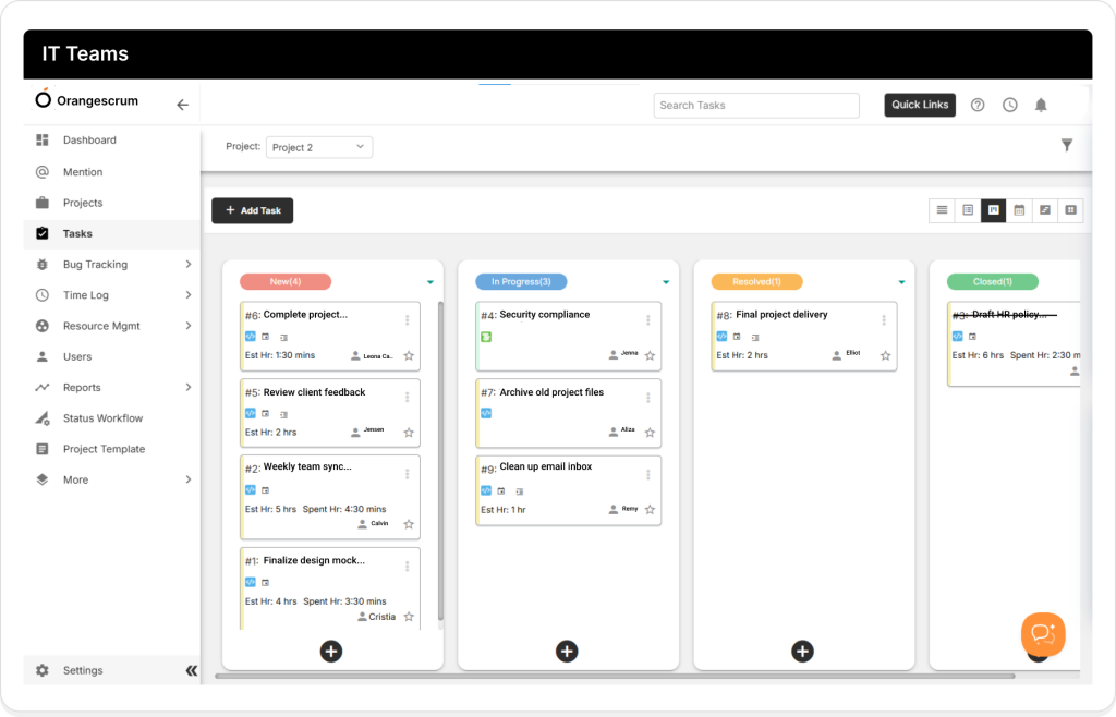 Logiciels de planning: Interface Orangescrum