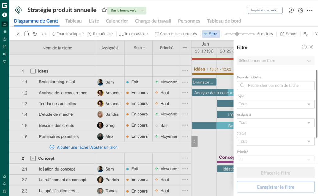 Comment configurer votre projet dans GanttPRO: appliquer des filtres
