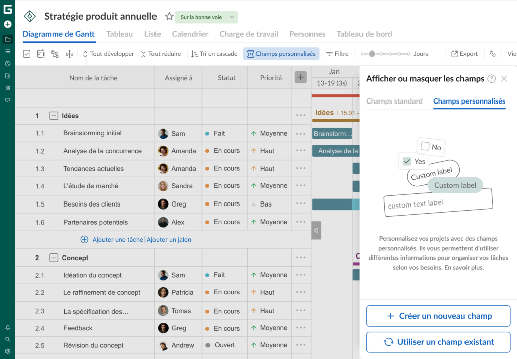Comment configurer votre projet dans GanttPRO: champs personnalises