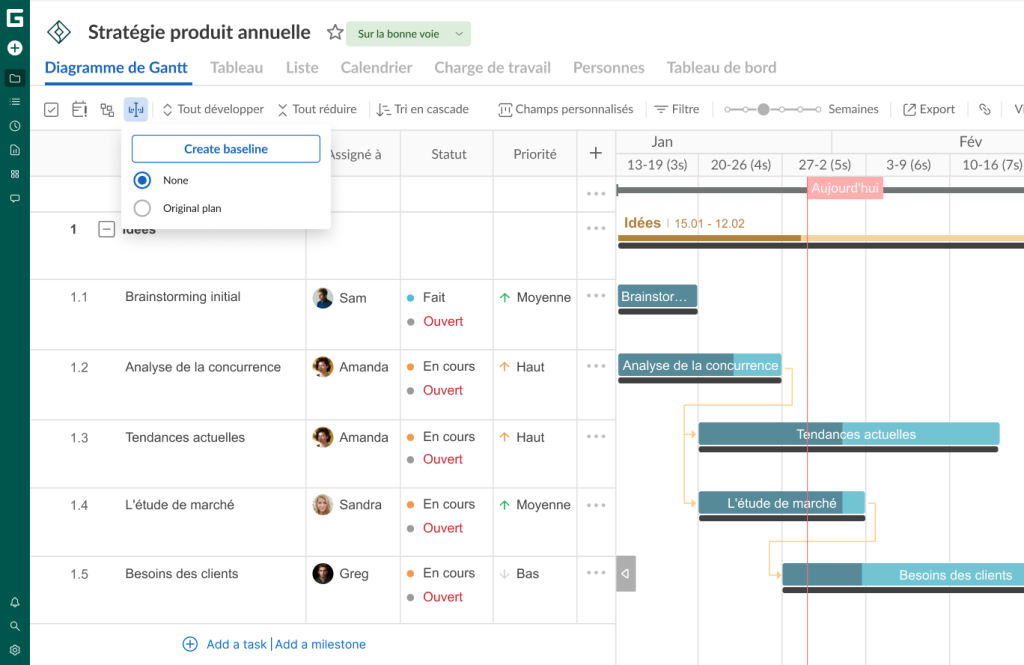 Utiliser la fonction de ligne de base dans GanttPRO