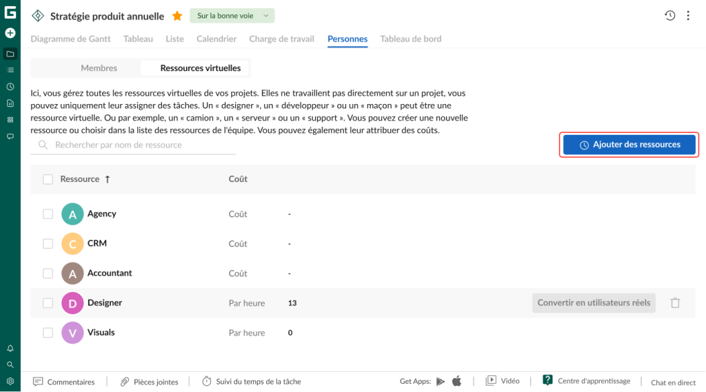 Comment gerer les ressources avec GanttPRO : Ajouter des ressources 
