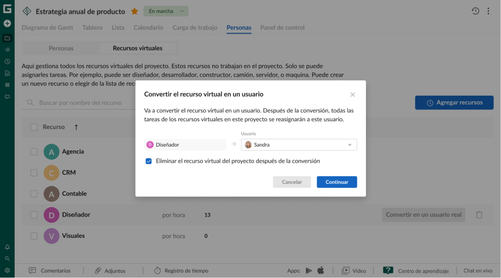 Qué puede hacer en GanttPRO durante la prueba gratuita: convertir recursos virtuales
