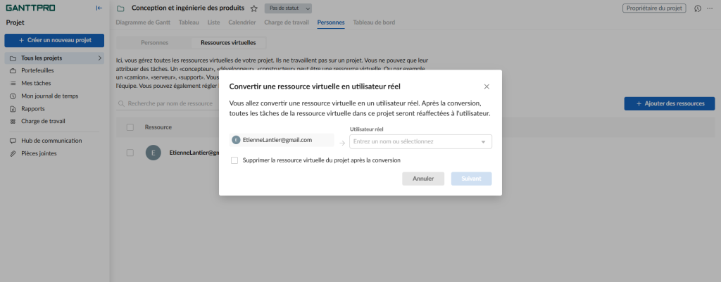 Essai gratuit de GanttPRO: convertir une ressource virtuelle dans GanttPRO 