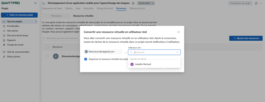 Comment gerer les ressources avec GanttPRO : Convertir une ressource dans un utilisateur reel 