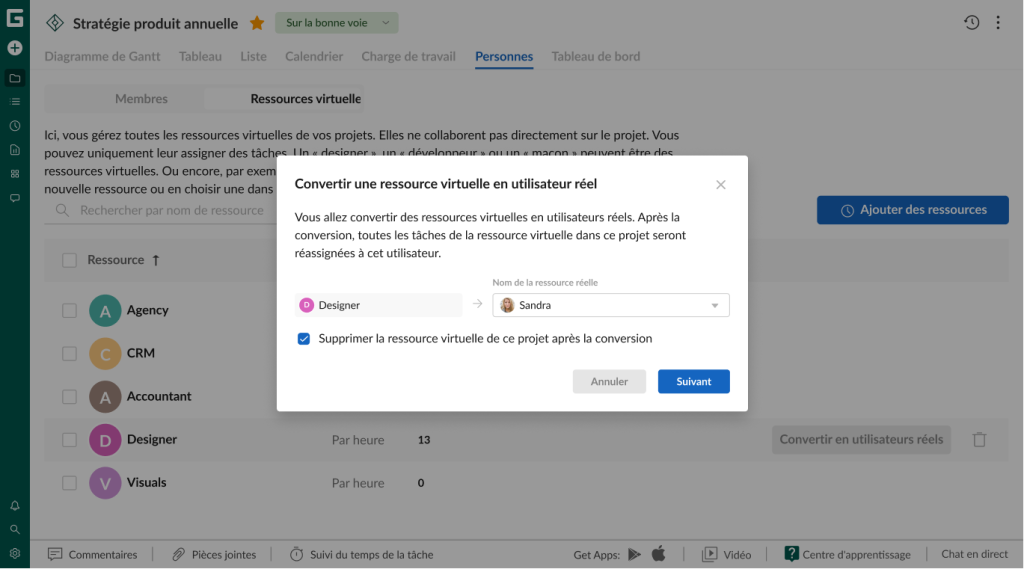 Organiser le flux de travail dans GanttPRO : Convertir une ressource virtuelle 
