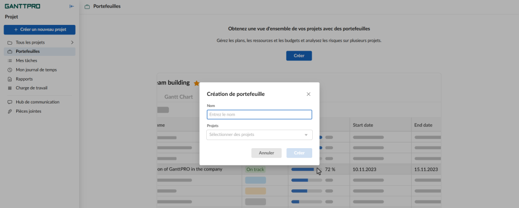 Gerer plusieurs projets dans GanttPRO : Creation de portefeuille 