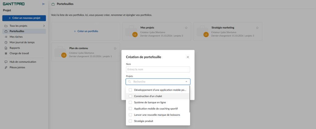 Fonctionnalites de GanttPRO preferees : Creation de portefeuille 