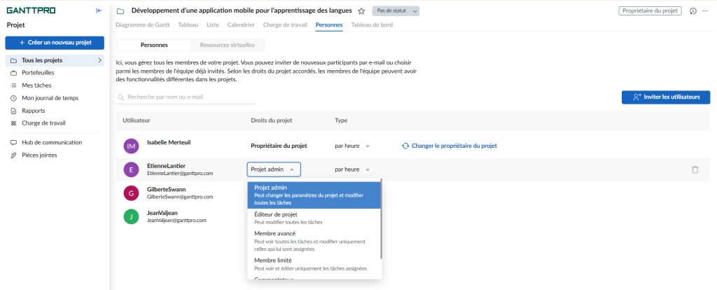 Comment gerer les ressources avec GanttPRO : droits de projet 