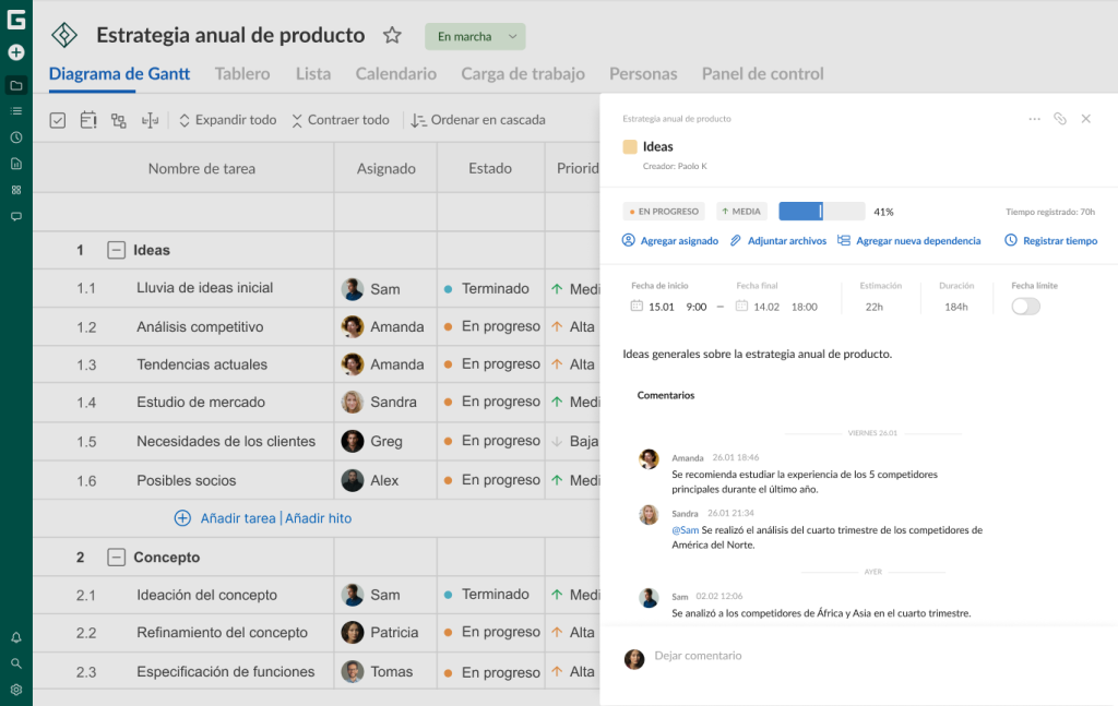 Casos de uso de GanttPRO que más valoran los usuarios: colaboración en equipo mediante comentarios, menciones, notificaciones y adjuntos