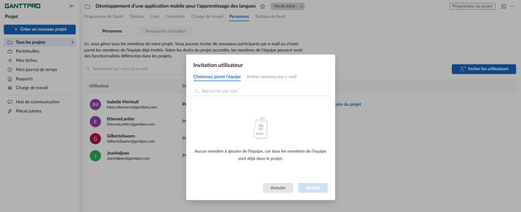 Comment gerer les ressources avec GanttPRO : Invitation utilisateurs