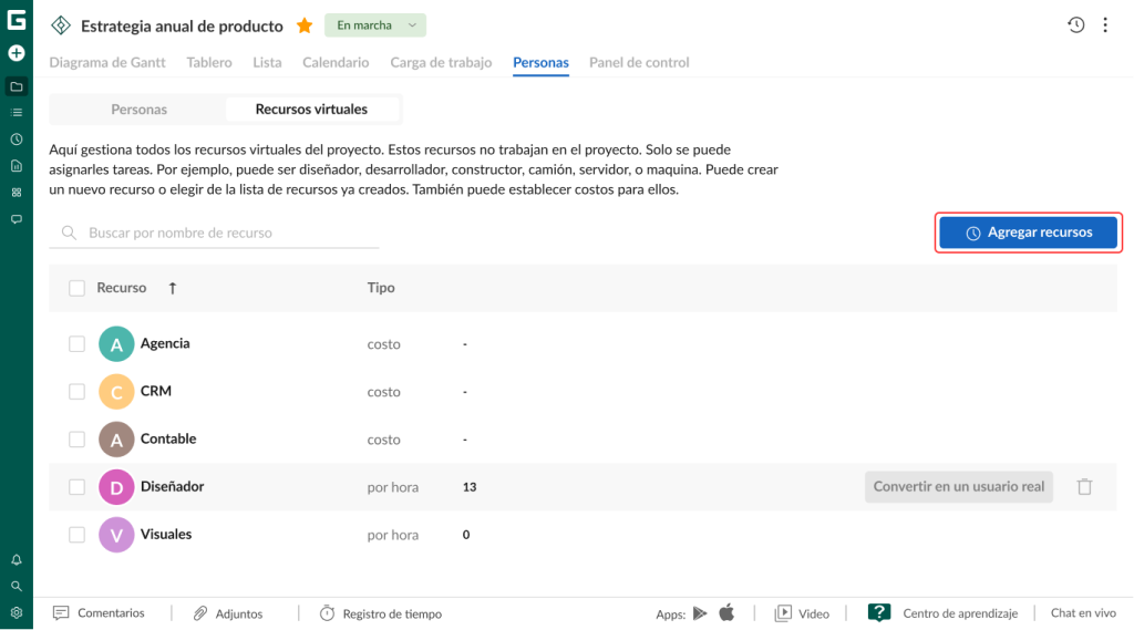 Qué puede hacer en GanttPRO durante la prueba gratuita: gestionar recursos mediante recursos virtuales